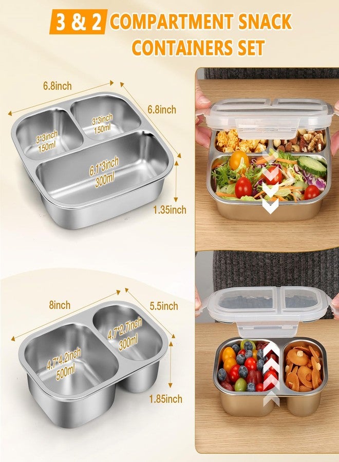 DUNPUTE Stainless Steel Snack Containers with Lids, 2 Pack Stainless Steel Bento Box, Metal Lunch Box with 3 & 2 Compartments, Food Storage for Snacks, Fruit, Sauce, Dishwasher Safe for Travel - Image 2
