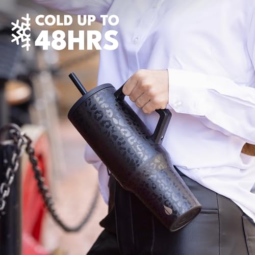 Elemental 40 oz Tumbler with Handle and Straw - Spill Proof Insulated Stainless Steel Commuter for Hot and Cold Beverages - Travel Coffee Mug with 2 Straws & Spill Proof Lid - 40oz - Black Leopard - Image 4