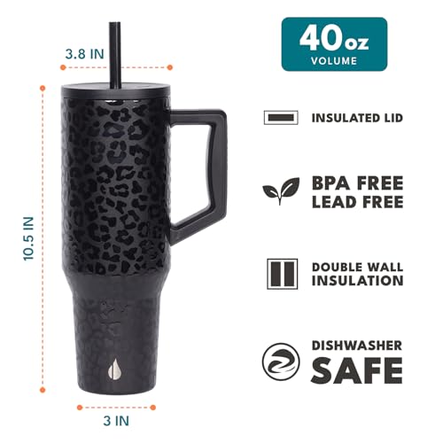 Elemental 40 oz Tumbler with Handle and Straw - Spill Proof Insulated Stainless Steel Commuter for Hot and Cold Beverages - Travel Coffee Mug with 2 Straws & Spill Proof Lid - 40oz - Black Leopard - Image 2