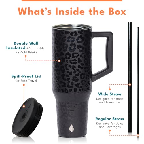 Elemental 40 oz Tumbler with Handle and Straw - Spill Proof Insulated Stainless Steel Commuter for Hot and Cold Beverages - Travel Coffee Mug with 2 Straws & Spill Proof Lid - 40oz - Black Leopard - Image 3