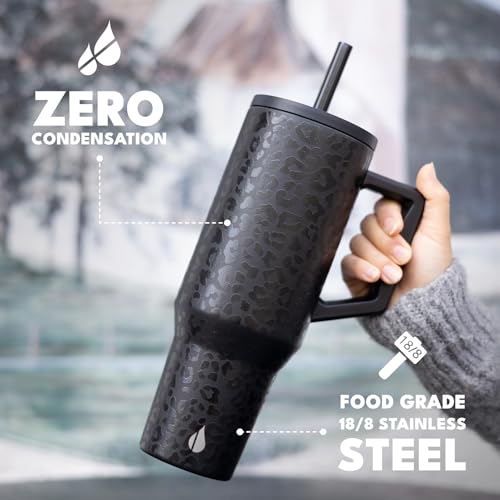 Elemental 40 oz Tumbler with Handle and Straw - Spill Proof Insulated Stainless Steel Commuter for Hot and Cold Beverages - Travel Coffee Mug with 2 Straws & Spill Proof Lid - 40oz - Black Leopard - Image 5