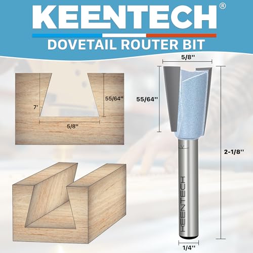KEENTECH Router Bits, Carbide Tipped 7-Degree Dovetail Bit for Joinery, Industrial Grade Blue Cutting Tools for Woodworking (1/4 Inch Shank x 5/8 Inch Diameter x 55/64 Inch Depth, KT030358074) - Image 2