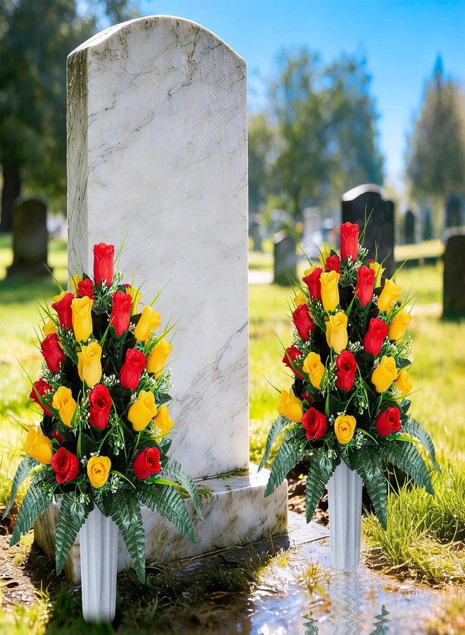 XONOR 2 Sets Artificial Cemetery Flowers, Grave Decorations Roses, Memorial Flowers Bouquet with Vase for Grave Cemetery Decoration (Red&Yellow) - Image 5