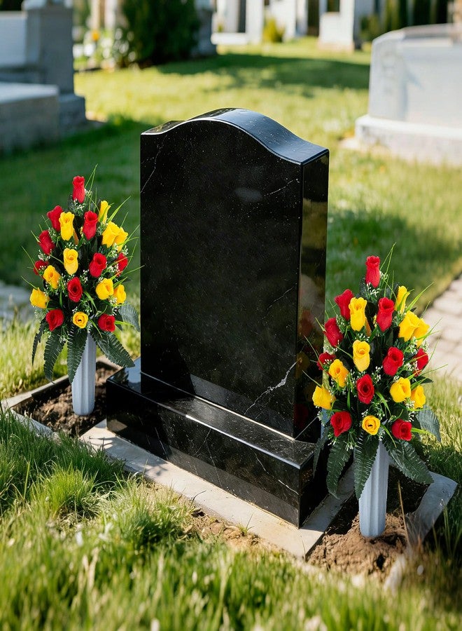 XONOR 2 Sets Artificial Cemetery Flowers, Grave Decorations Roses, Memorial Flowers Bouquet with Vase for Grave Cemetery Decoration (Red&Yellow) - Image 4