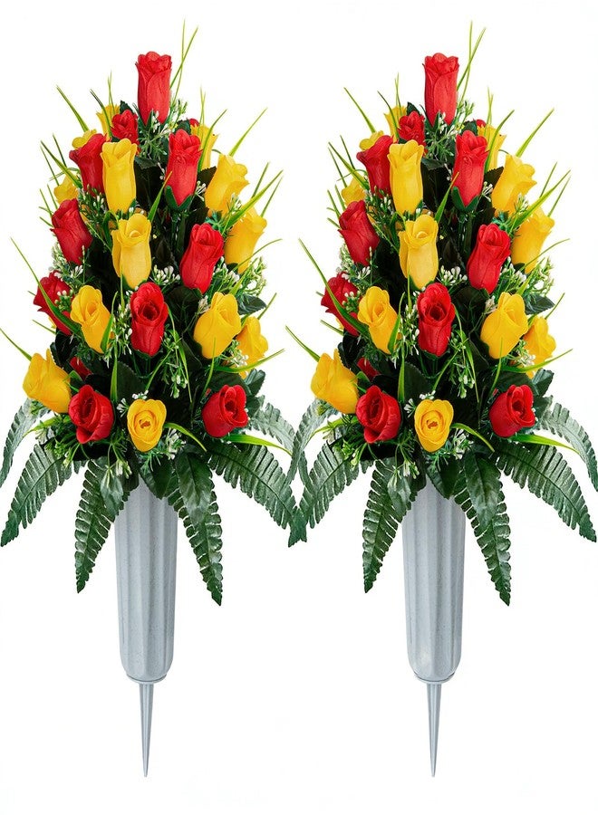 XONOR 2 Sets Artificial Cemetery Flowers, Grave Decorations Roses, Memorial Flowers Bouquet with Vase for Grave Cemetery Decoration (Red&Yellow) - Image 1