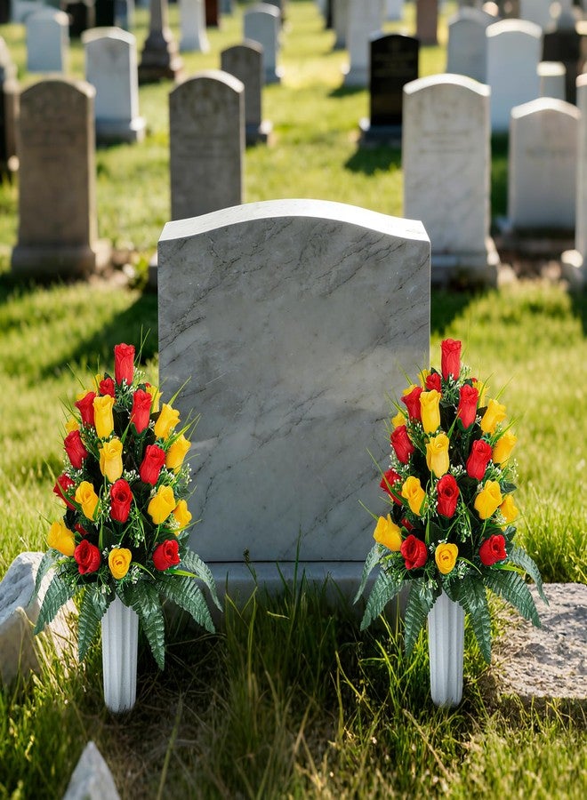 XONOR 2 Sets Artificial Cemetery Flowers, Grave Decorations Roses, Memorial Flowers Bouquet with Vase for Grave Cemetery Decoration (Red&Yellow) - Image 3