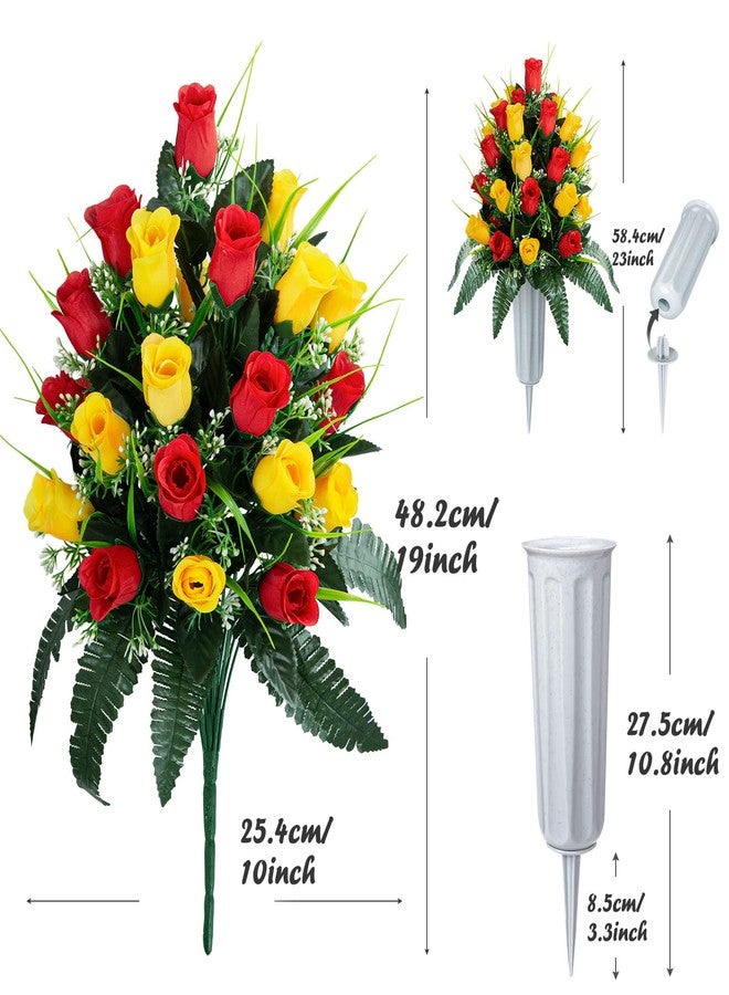 XONOR 2 Sets Artificial Cemetery Flowers, Grave Decorations Roses, Memorial Flowers Bouquet with Vase for Grave Cemetery Decoration (Red&Yellow) - Image 2