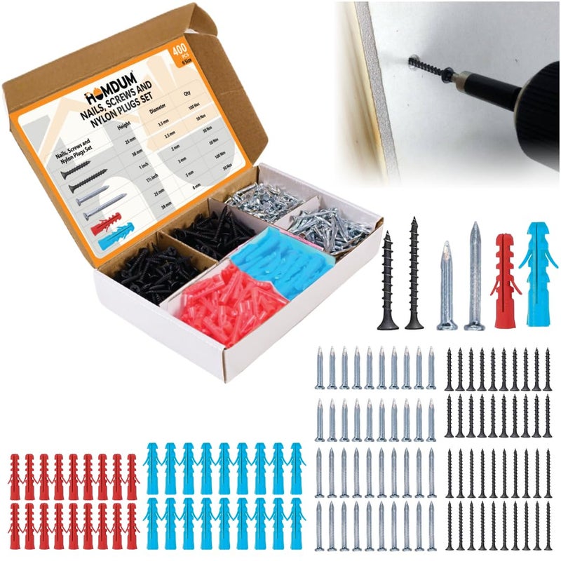 Homdum مجموعة مسامير، براغي ومقابس نايلون متنوعة، مجموعة أدوات منزلية متعددة الاستخدامات مكونة من 400 قطعة - Image 1