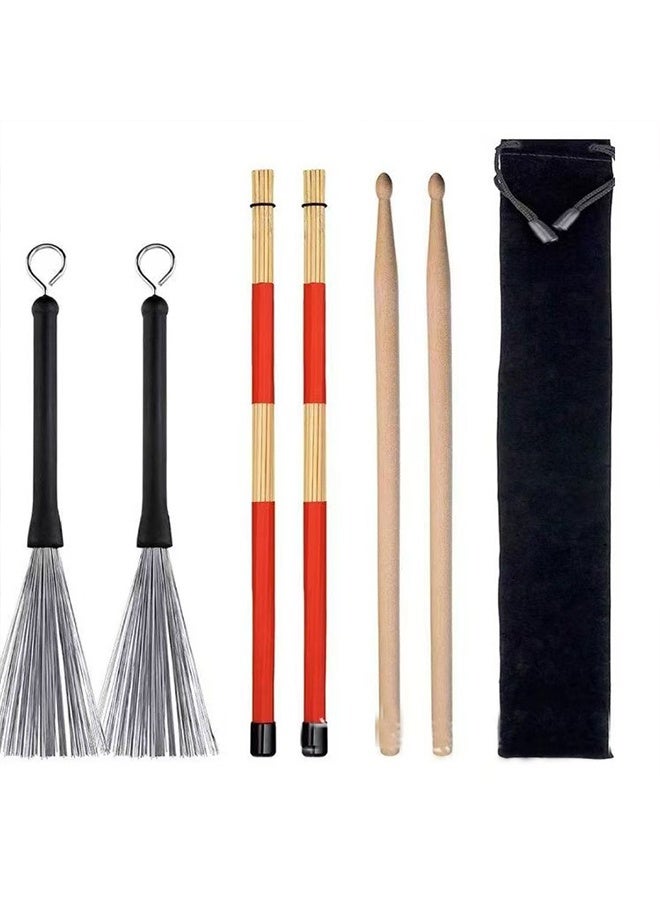 مجموعة عصا الطبل ، مجموعة عصا الطبل الخشبية 5A القيقب - تتضمن فرشاة عصا الطبل ، فرشاة سلك الطبل القابلة للسحب ، وحقيبة محمولة - مثالية للأطفال والكبار