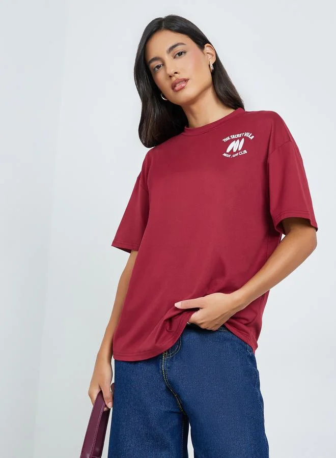 Styli Burgundy Slogan Print Oversized Short Sleeve T-Shirt