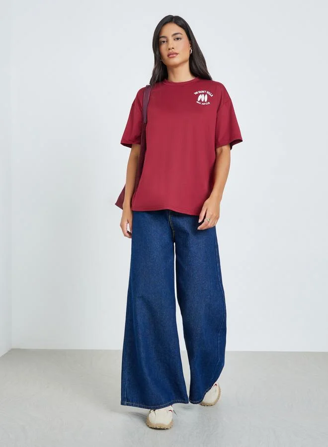 Styli Burgundy Slogan Print Oversized Short Sleeve T-Shirt