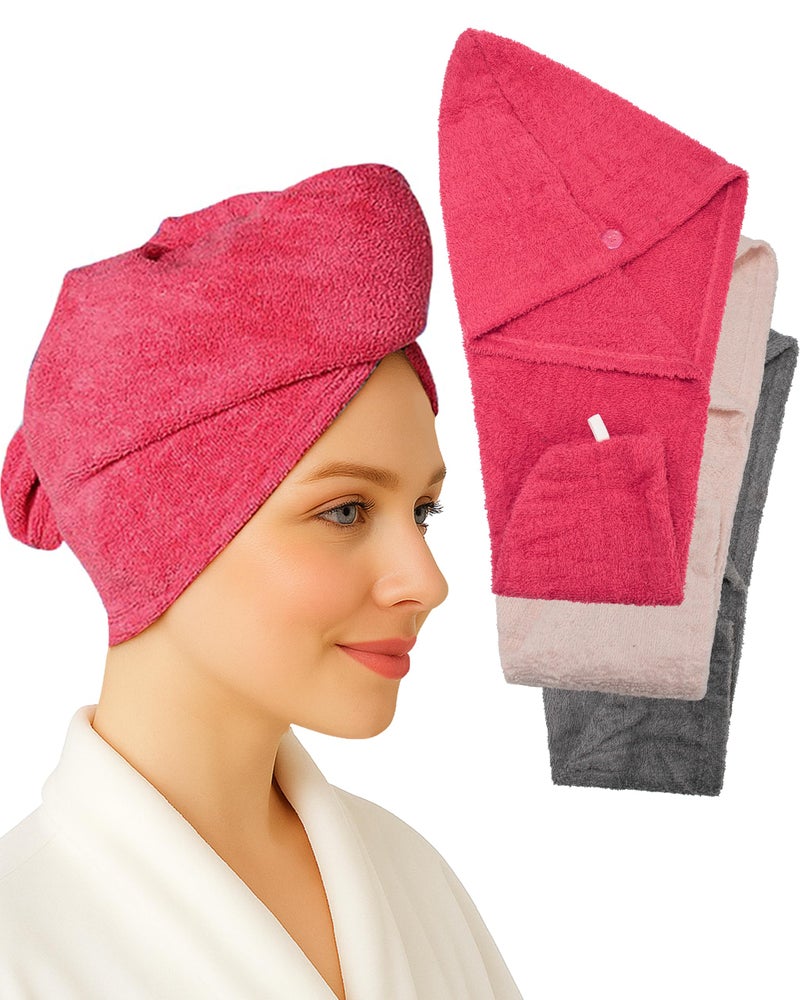 Textila Stores Textila 100% Cotton Hair Wrap Towels for Women, (Pack of 3 - Raspberry, Pink & Grey) Head Towel Cap, Cotton Hair Turban Towel Wrap for Long Curly Anti Frizz Hair, Soft and Absorbent Cotton Hair Towels - Image 1