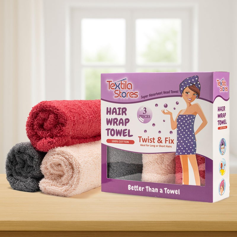 Textila Stores Textila 100% Cotton Hair Wrap Towels for Women, (Pack of 3 - Raspberry, Pink & Grey) Head Towel Cap, Cotton Hair Turban Towel Wrap for Long Curly Anti Frizz Hair, Soft and Absorbent Cotton Hair Towels - Image 2