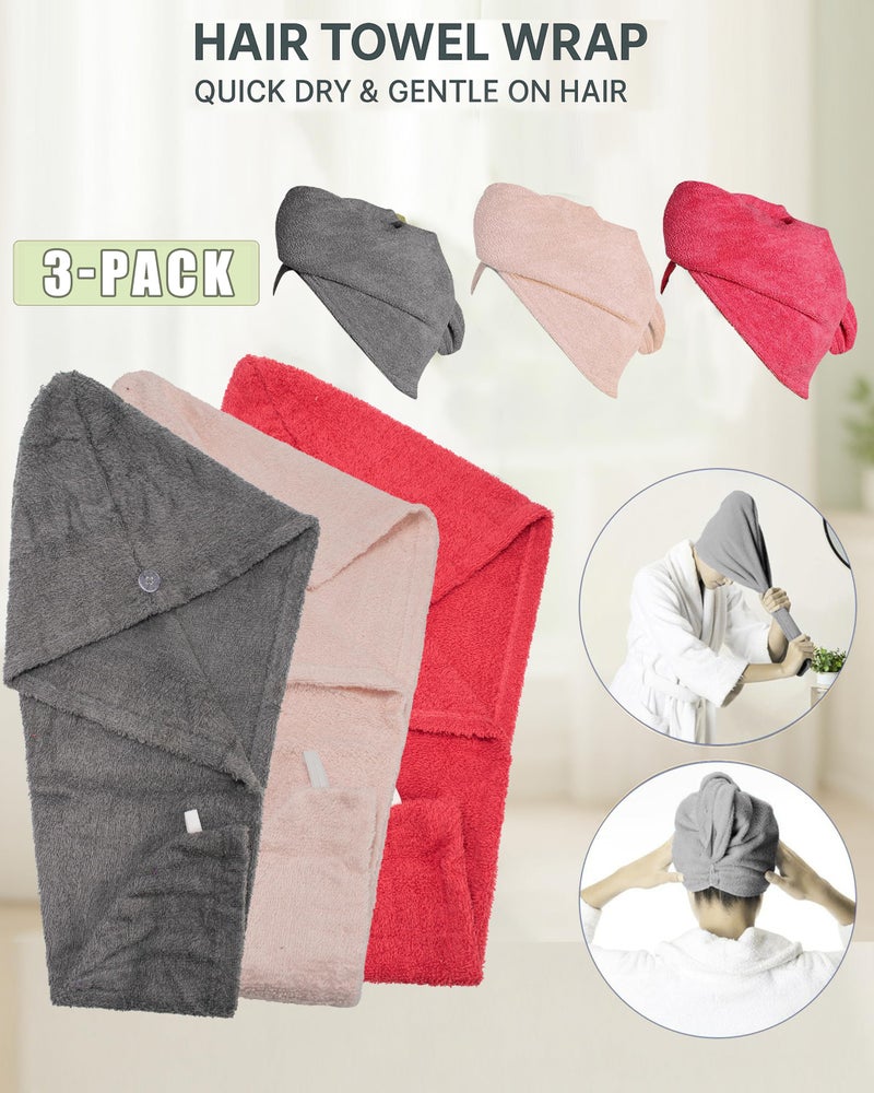 Textila Stores Textila 100% Cotton Hair Wrap Towels for Women, (Pack of 3 - Raspberry, Pink & Grey) Head Towel Cap, Cotton Hair Turban Towel Wrap for Long Curly Anti Frizz Hair, Soft and Absorbent Cotton Hair Towels - Image 3