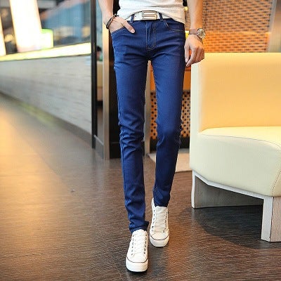 Wholesale Discount AutumnJeans Korean Style Mens Unique Small Foot Pants Trendy Long Pants Casual Scene Fashionable Denim Trous Pure Blue Pants 