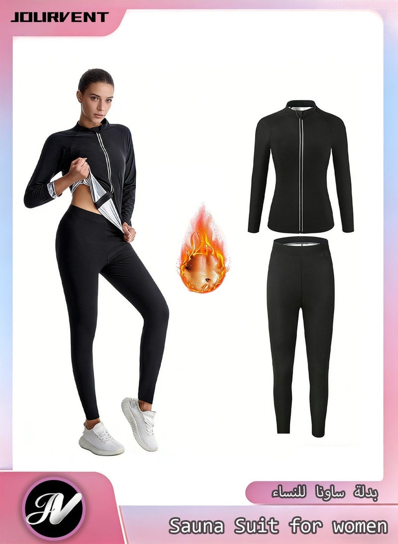 Jourvent Women’s Sauna Suit Set for Weight Loss, Premium High-Quality Breathable Fabric Quick-Dry Sweat-Wicking Compression Outfit, Zipper Long Sleeve Top & High-Waist Shaping Pants with Gloves & Shoe Covers - Image 2