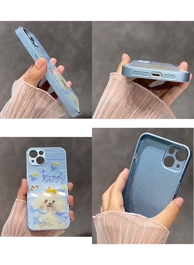 Apple iPhone 13 6.1 Inch Phone Case, Cute Oil Painting Puppy Phone Case Luxury Floral Pattern Design Phone Case Glass Shock Protection Aesthetic Bumper Case for Women Men Girls - Image 2