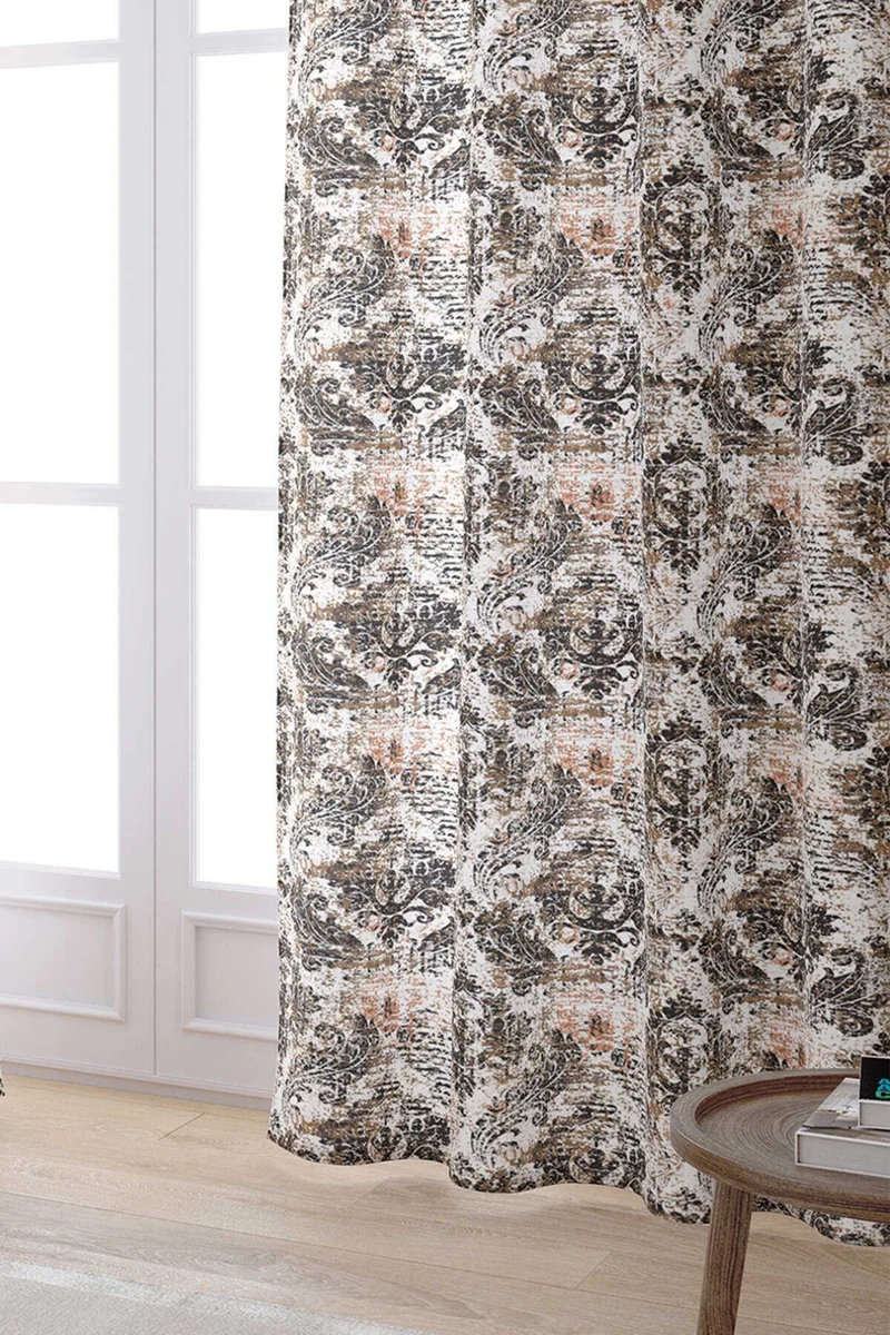Cango Home White Brown Damask Patterned Digital Printed Curtain CGH118-PR