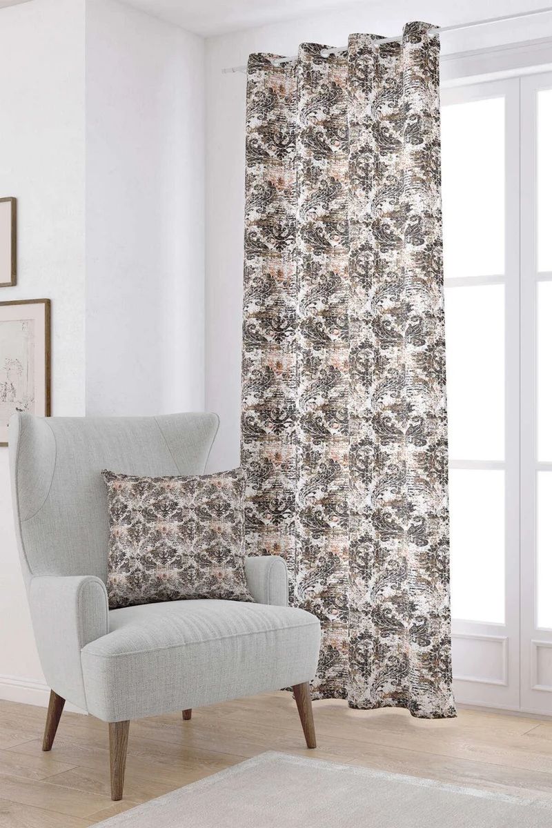 Cango Home White Brown Damask Patterned Digital Printed Curtain CGH118-PR