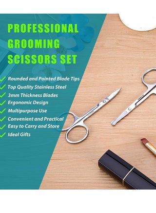 2PCS Small Facial Hair Grooming Scissors for Men and Women Eyebrow Nose Mustache Scissors Beard Eyelash and Ear Trimming Kit Curved and Rounded Safety Tip Clippers Silver - view 2