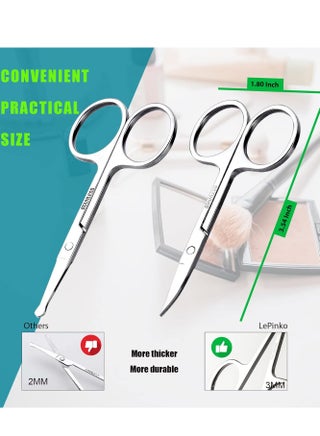 2PCS Small Facial Hair Grooming Scissors for Men and Women Eyebrow Nose Mustache Scissors Beard Eyelash and Ear Trimming Kit Curved and Rounded Safety Tip Clippers Silver - view 4