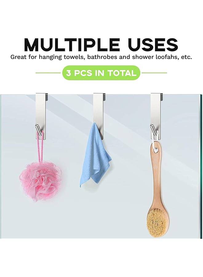 X spring Shower Door Hooks 3 Pcs Stainless Steel Over Door Towel Hooks Heavy Duty Silver Hooks For Robes And Towels Rustproof Bathroom Hangers For Frameless Glass Shower Doors - Image 3