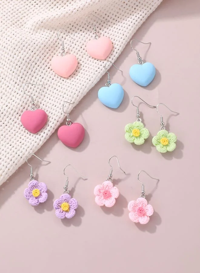 Girls Set of 6 - Heart Flower Drop Earrings