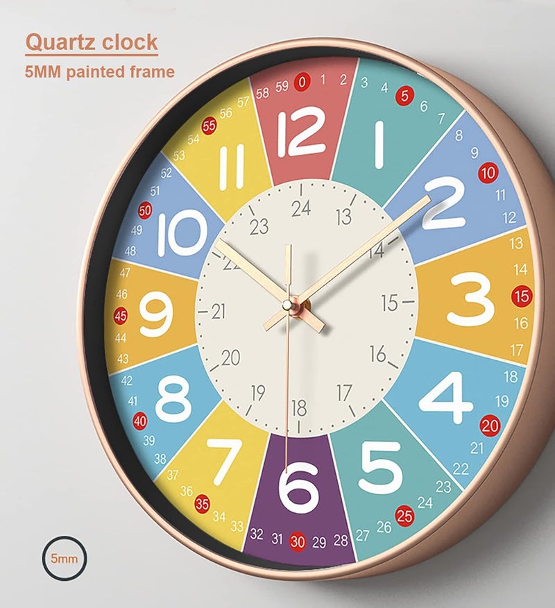 Fohome Silent Wall Clocks for Kids, Modern Non-Ticking Children Round Movement Wall Clock Quartz Decorative Clocks Classic Large Number Colorful Clock for Bedroom Home Kitchen Room Office School - Image 3