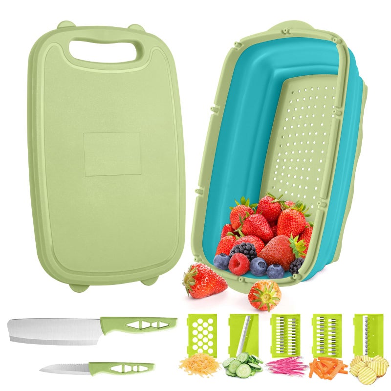 Gintan Camping Cutting Board 9in1 Collapsible Chopping Board with Colander Kitchen Vegetable Washing Basket for Camping Camping Gifts Camping Accessories for RV CampersBlue Green