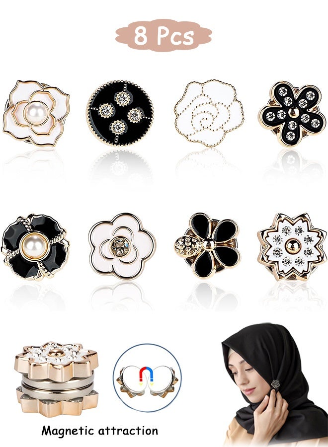 8 Pcs Strong Magnetic Hijab Pins for Women - Flower Shape Multi-Use Pinless Hijab Magnetic Pins, Rhinestones Brooch Small Scarf Clasp Pin for Women Clothes Scarves