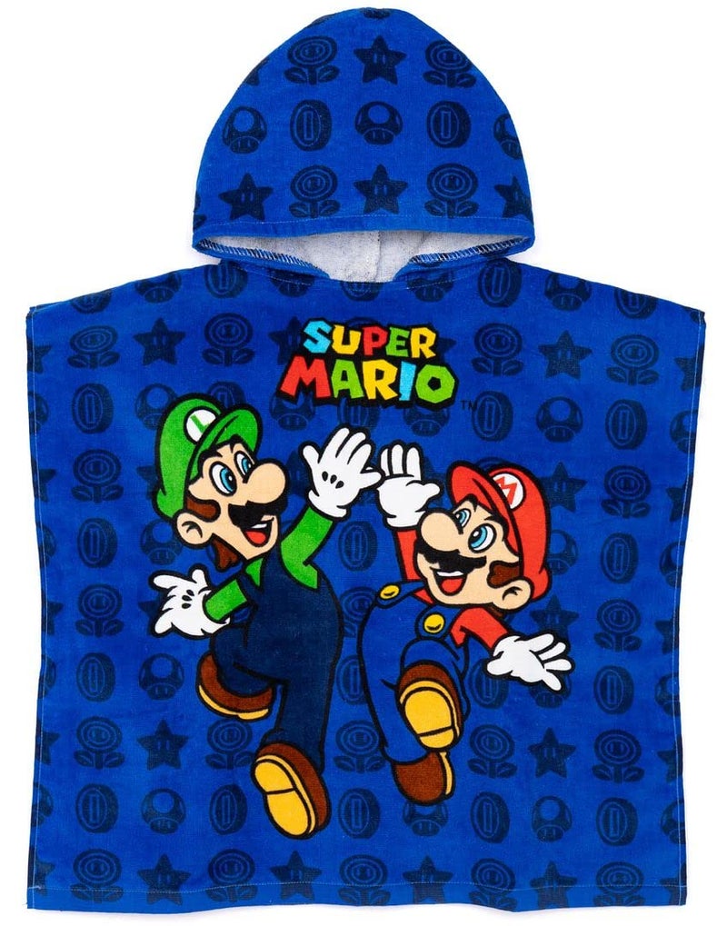 Super Mario Kids Towel Poncho | Boys Game Characters Mario Brothers Bath Towel | Luigi & Mario Star Blue Changing Robe - Image 1