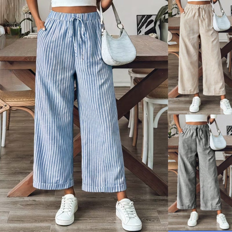 Casual Linen-Cotton Striped Wide-Leg Pants with Pockets - Image 1