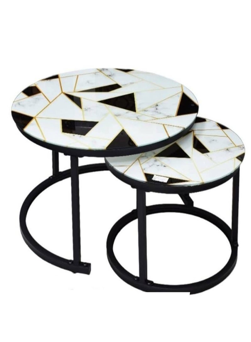 DubaiGallery طقم طاولات قهوة من 2 طاولة قابلة للتكديس بسطح MDF طاولة جانبية مستديرة مجموعة طاولات صغيرة طراز صناعي لطاولة جانبية مستديرة لغرفة المعيشة، الشرفة