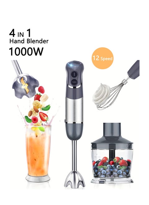 Immersion Blender Handheld, 4 in 1 Multistick 1000W, 12 Speed Hand Mixer, Turbo Boost, Heaviest Duty Copper Motor, Titanium Blades Hand Blender, Milk Frother Wand, Whisk, Chopper, Food Processor