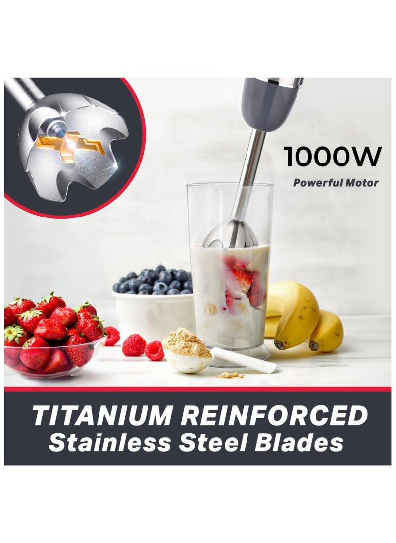 Immersion Blender Handheld, 4 in 1 Multistick 1000W, 12 Speed Hand Mixer, Turbo Boost, Heaviest Duty Copper Motor, Titanium Blades Hand Blender, Milk Frother Wand, Whisk, Chopper, Food Processor