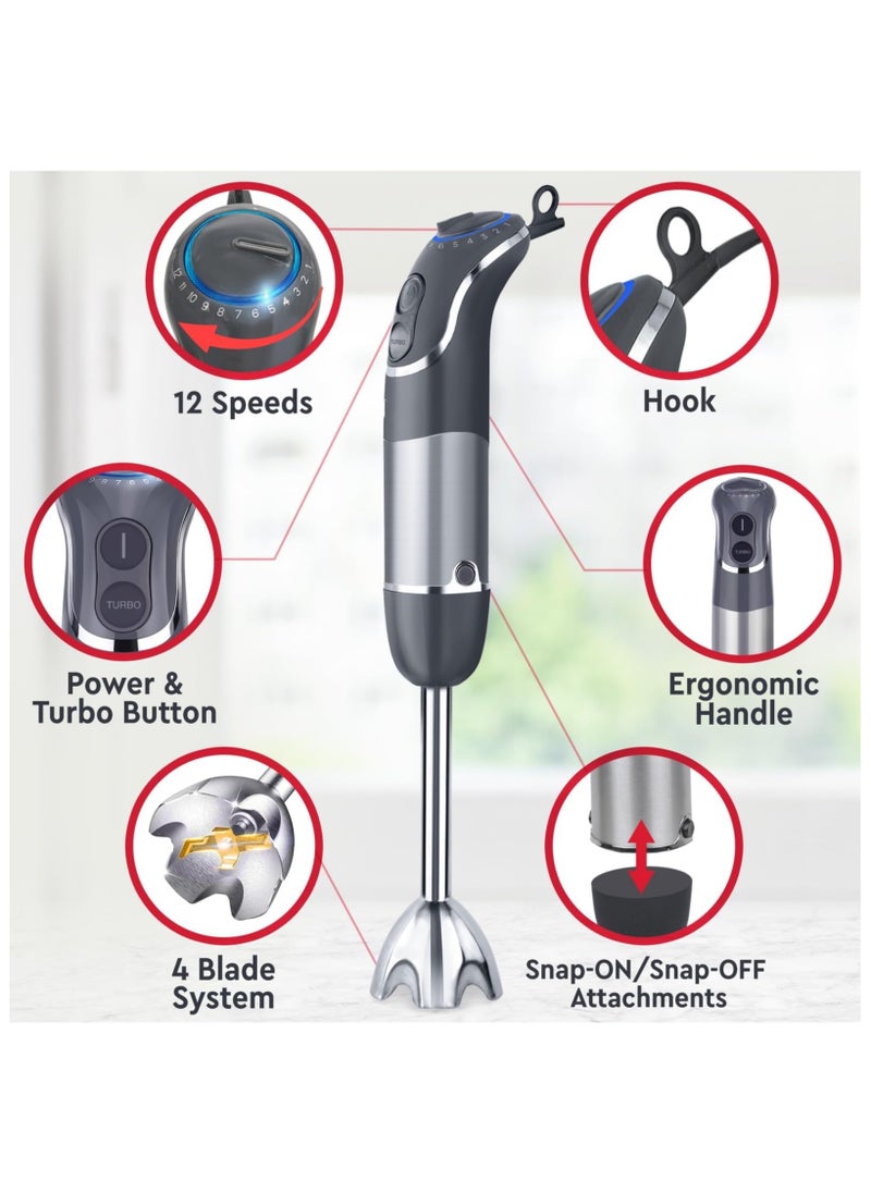 Immersion Blender Handheld, 4 in 1 Multistick 1000W, 12 Speed Hand Mixer, Turbo Boost, Heaviest Duty Copper Motor, Titanium Blades Hand Blender, Milk Frother Wand, Whisk, Chopper, Food Processor