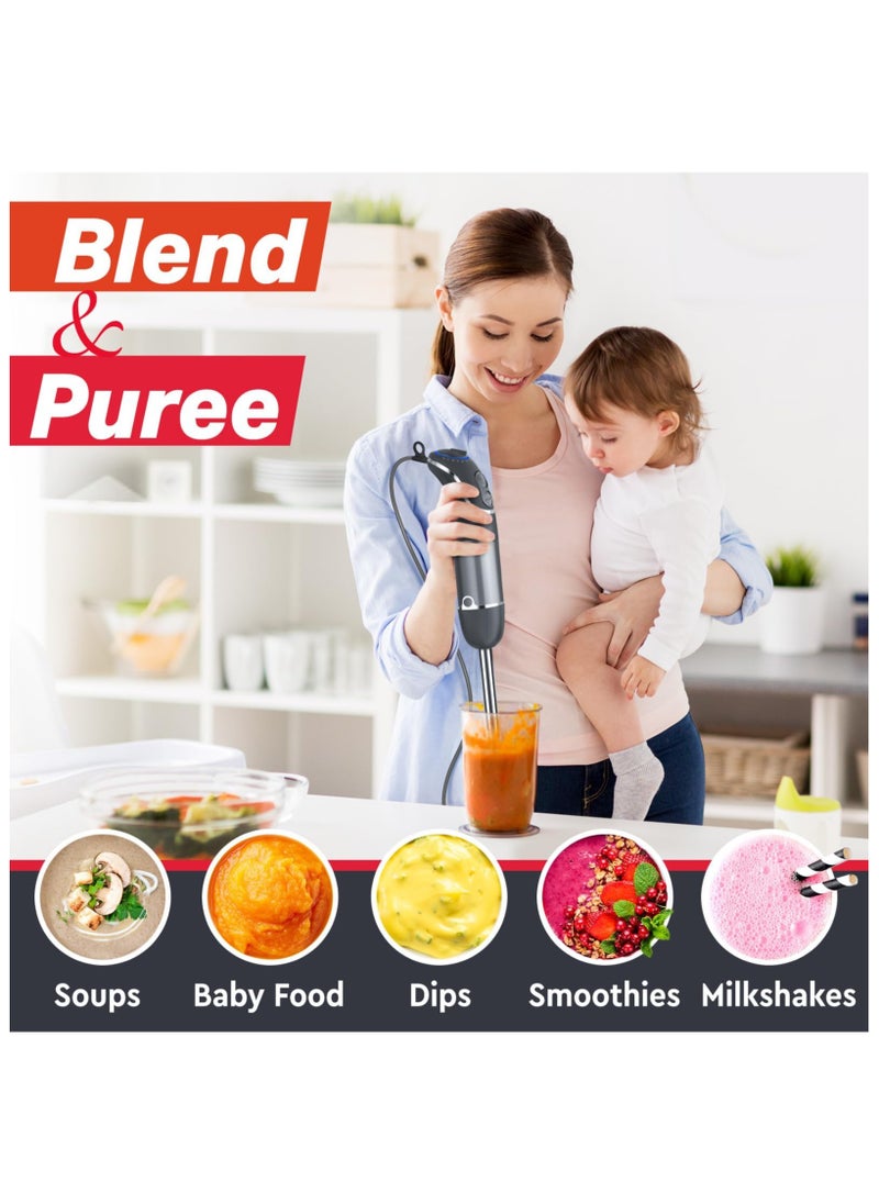 Immersion Blender Handheld, 4 in 1 Multistick 1000W, 12 Speed Hand Mixer, Turbo Boost, Heaviest Duty Copper Motor, Titanium Blades Hand Blender, Milk Frother Wand, Whisk, Chopper, Food Processor