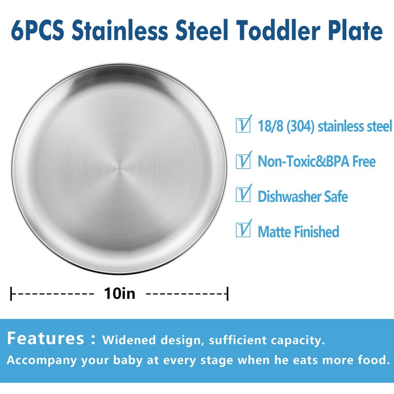 HaWare 6-Piece 18/8 Stainless Steel Plates, Metal 304 Dinner Dishes for Kids Toddlers Children, 10 Inches Feeding Serving Camping Plates, Reusable and Dishwasher Safe - Image 2