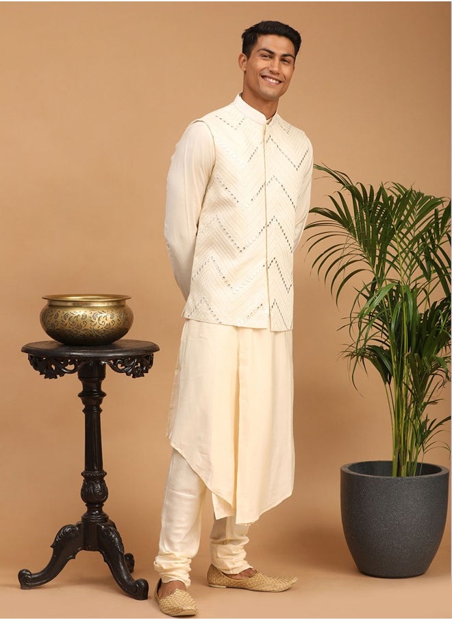 PRASHA - Men's Cream Viscose Jacket, Kurta and Pyjama Set - Image 1