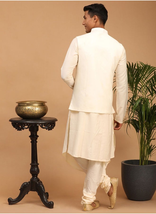 PRASHA - Men's Cream Viscose Jacket, Kurta and Pyjama Set - Image 1