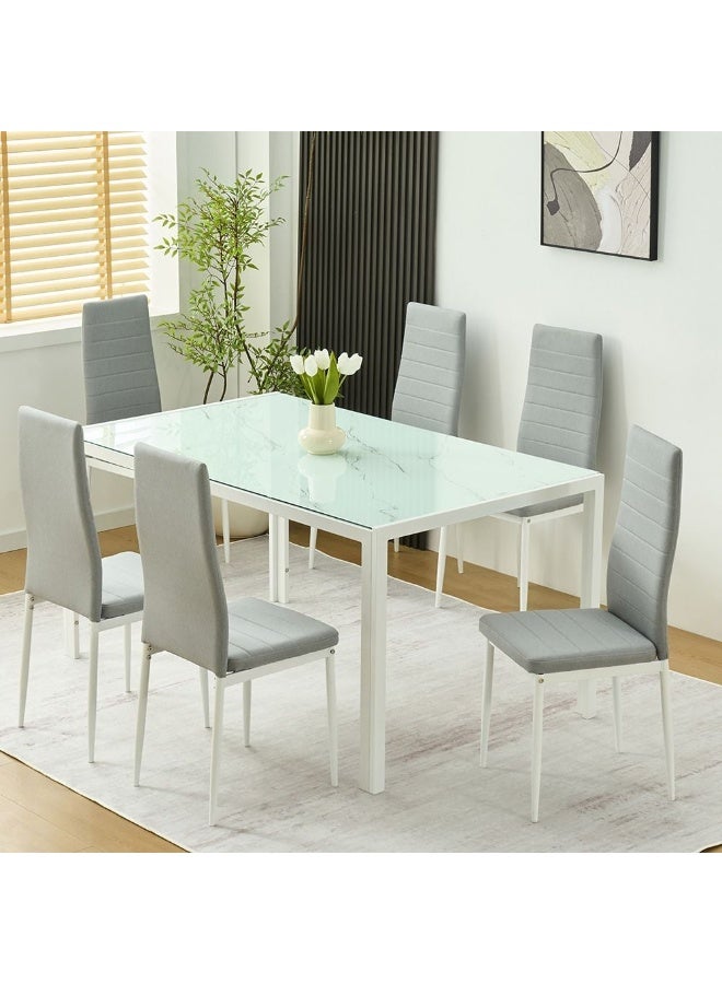DANUBE HOME Sicilia 1+6 Tempered Glass Dining Set | 7-Piece Comfortable Dining Set | Kitchen Dining Table With 6 Dining Chairs | Modern Design Furniture For Dining Room - White/Grey - Image 1