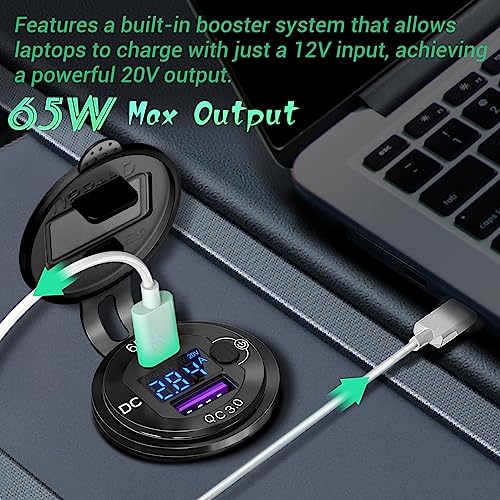 Ouffun 83W 12 Volt USB Outlet Built-in Boost USB C Laptop Car Charger: Ouffun 65W PD3.0 and 18W QC3.0 Car USB Port Aluminum Socket with Button Switch Smart Voltmeter, Suitable for Car RV Marine Golf Cart - Image 2