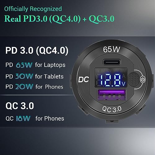 Ouffun 83W 12 Volt USB Outlet Built-in Boost USB C Laptop Car Charger: Ouffun 65W PD3.0 and 18W QC3.0 Car USB Port Aluminum Socket with Button Switch Smart Voltmeter, Suitable for Car RV Marine Golf Cart - Image 3