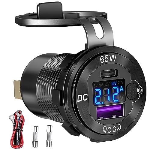 Ouffun 83W 12 Volt USB Outlet Built-in Boost USB C Laptop Car Charger: Ouffun 65W PD3.0 and 18W QC3.0 Car USB Port Aluminum Socket with Button Switch Smart Voltmeter, Suitable for Car RV Marine Golf Cart - Image 1
