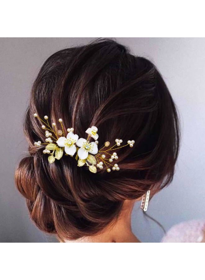 JONKY Flower Bride Wedding Hair Comb Pearl Hair Pieces Gold Leaf Headpieces Bridal Hair Accessories for Women - Image 2