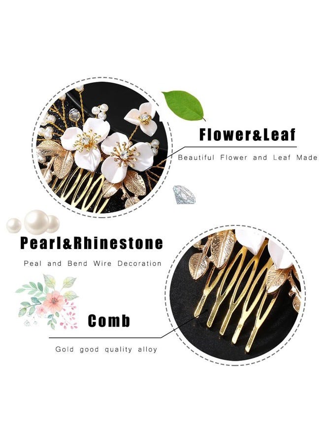 JONKY Flower Bride Wedding Hair Comb Pearl Hair Pieces Gold Leaf Headpieces Bridal Hair Accessories for Women - Image 3