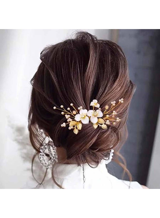 JONKY Flower Bride Wedding Hair Comb Pearl Hair Pieces Gold Leaf Headpieces Bridal Hair Accessories for Women - Image 4