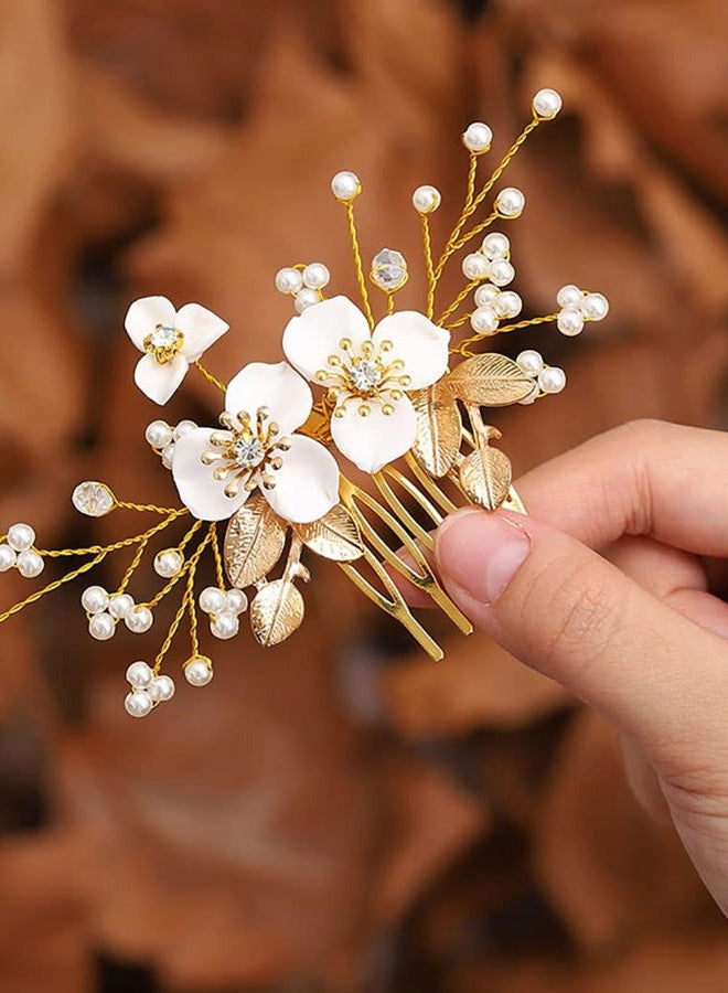 JONKY Flower Bride Wedding Hair Comb Pearl Hair Pieces Gold Leaf Headpieces Bridal Hair Accessories for Women - Image 5