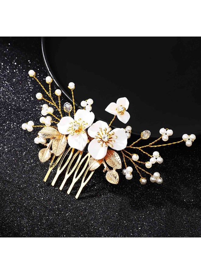 JONKY Flower Bride Wedding Hair Comb Pearl Hair Pieces Gold Leaf Headpieces Bridal Hair Accessories for Women - Image 1