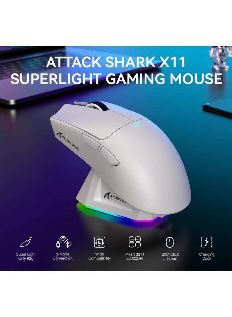 ماوس العاب لاسلكي خفيف الوزن X11 من Attack Shark مع قاعدة شحن RGB، وضع ثلاثي 2.4G/USB-C سلكي/بلوتوث، 22K DPI، مستشعر بصري PAW3311، مفتاح هويو، 5 ازرار قابلة للبرمجة للكمبيوتر/ماك (ابيض)